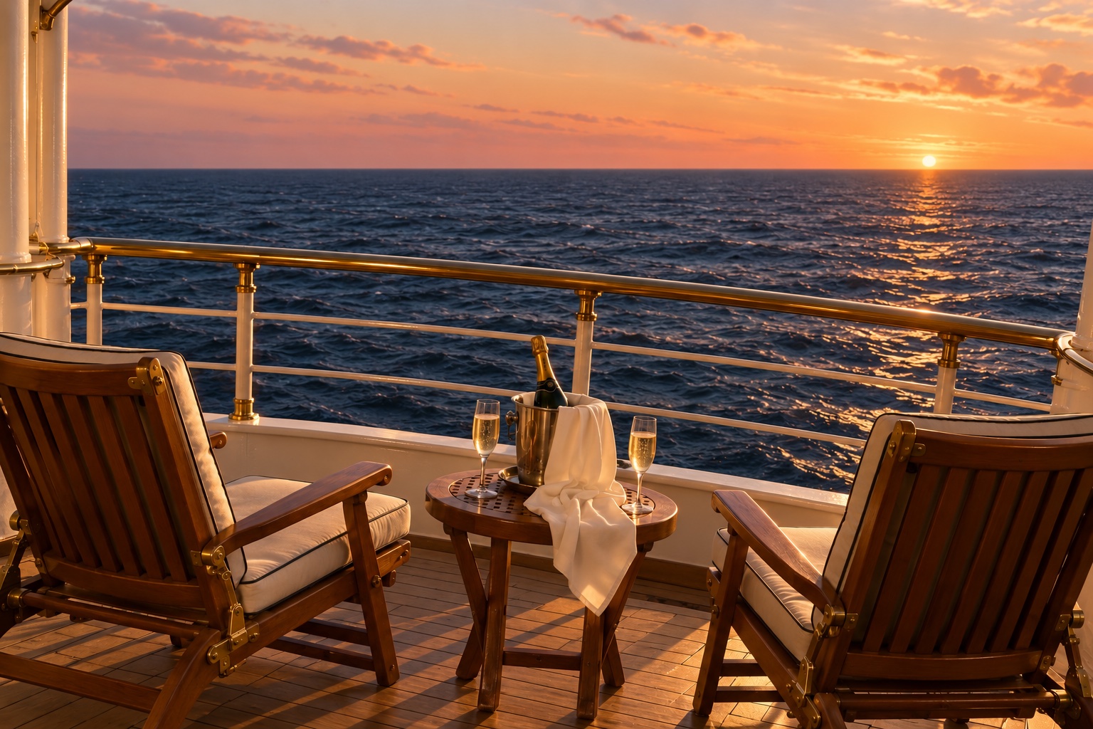Champagne and two deck chairs on a private ocean liner balcony overlooking the evening sea